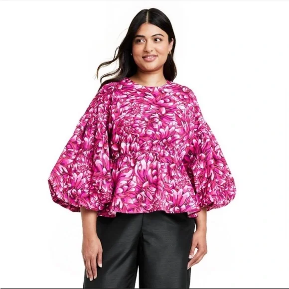 NWT Kika Vargas for Target Mum Floral Scallop Back Blouse Pink - Picture 4 of 5